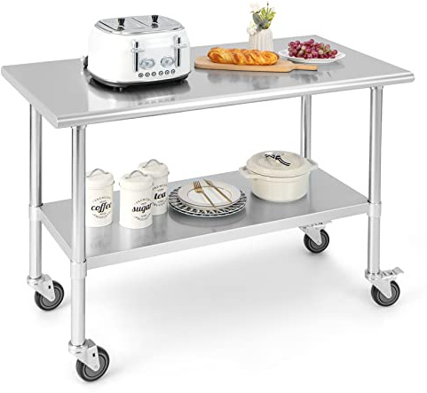 COSTWAY Table de Travail Cuisine 61 x 122 cm, en Acier Inoxydable à 2 Niveaux 2 Roues Verrouillables, Plateau Inférieure Réglable, Charge 250 kg, Extérieur/Intérieur pour Cuisine, Restaurant, Jardin