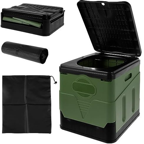 Portable Toilet for Adults, Camping Toilet Foldable Camping Loo, Fishing Toilet Car Toilet Travel Toilet Campervan Toilet with Lid & Seat, Collapsible Toilet Bucket for Camping(Military green toilet)