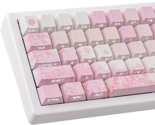 PBT Keycaps 131 Keys Custom Pink Cherry Blossom Keycaps Set Letter Side Engraved Transparent Keycap for Cherry MX Switches Mechanical Keyboards