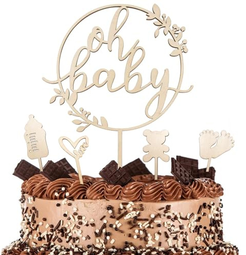 Goldenland Oh Baby Cake Topper Holz 5 Stück, Oh Baby Tortendeko, Kuchen Topper Kuchendeko Tortendeko für Babyparty, Shower Deko, Gender Reveal Partydeko Kindertaufe schmücken Tortenaufsatz