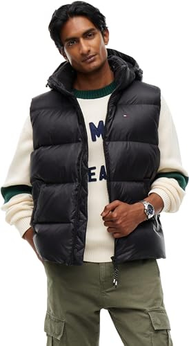 Tommy Jeans Chaleco Hombre Essential Down Vest con Capucha, Negro (Black), M
