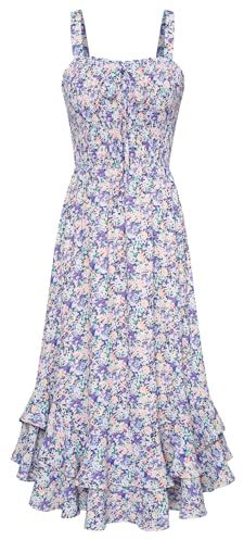 GRACE KARIN Women Strappy Floral Beach Dress Square Neck Chiffon A Line Smocked Maxi Dress for Summer Purple Floral M