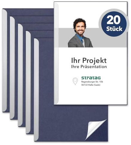 STRATAG Klemmschienen-Set (20 Stück) mit transparentem Deckel aus PP Kunststoff sowie Binderücken aus stabilem 350 g/m² Karton (Klemmmappe A4 Blau Tiefseeblau)
