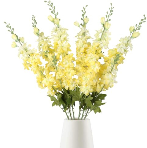 INSUNSIX 6 fiori artificiali delphinium gialli da 83,8 cm, in seta, stelo lungo, per vasi alti, centrotavola per matrimoni, tavoli, decorazioni per la casa e interni