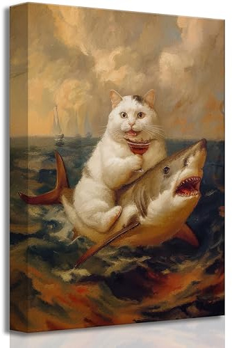Lustiger Kunstdruck auf Leinwand für Badezimmer, Renaissance, skurril, verrückt, witzig, humorvoll, fette Katze, die auf einem Hai reitet, Bild, Wanddekoration, Poster, Druck für WC, Toilette,