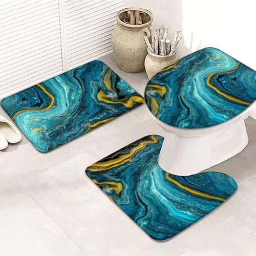Bad Teppiche Set 3-Teiliges Dunkelblau Gelb WC Vorleger Mit Ausschnitt Badematte Saugfähig WC Deckelbezug Badvorleger rutschfest Waschbar Toilettensitzbezug Badgarnitur (50x80cm)