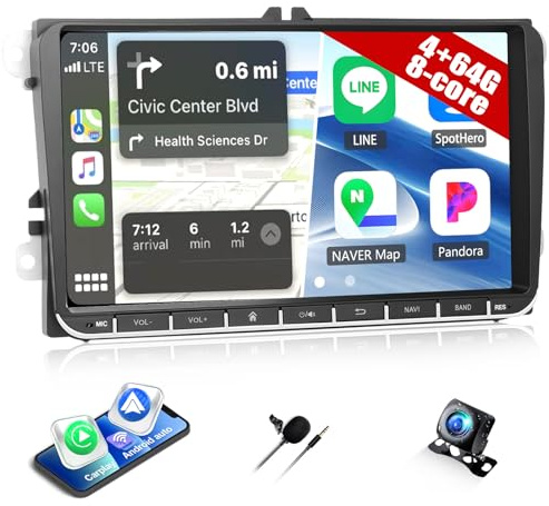 CAMECHO 4+64G 8-Kern Navi Autoradio für VW Passat Golf Jetta EOS Polo Touran Seat Sharan, 9 Zoll Android 13 Wireless Carplay Bluetooth Radio mit Rückfahrkamera mit Android auto WIFI GPS FM/RDS +Canbus