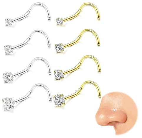 Kabwea 8 Stück 316L Nasenpiercing Steck, Chirurgenstahl, Hypoallergen, Nasenstecker, Piercing Nase