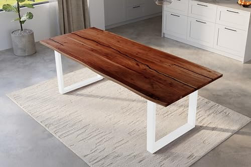 SAM Baumkantentisch 300 x 100 cm Polly, Epoxidharz-Adern in Schwarz, Akazienholz massiv + nussbaumfarben, Esstisch mit U-Eisengestell Weiß, Tischplatte 26 mm, Esszimmertisch mit echter Baumkante