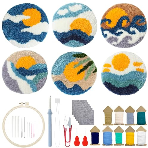 Allazone Broderkit med punch needle, 6 st Glasunderlägg-kit med punch needle med äggmönster, blomma, för nybörjare med brodérring, berg och floder