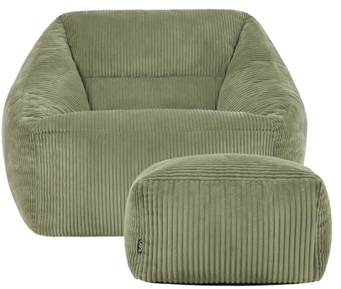 Icon Natalia Sitzsack Sessel und Hocker mit Füllung, Grün | In Deutschland Hergestellt, Sitzsack Erwachsene, Flauschiger Cord Stoff, Riesen Sitzsack Cord für Wohnzimmer und Schlafzimmer