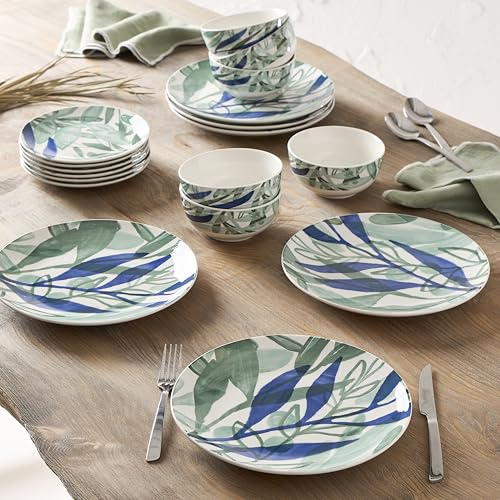 Geneviève Lethu 545868 - Vajilla de porcelana para 6 personas, 18 piezas, platos planos, platos de postre, cuencos - Decoración floral azul, blanco, verde colección Kalamata