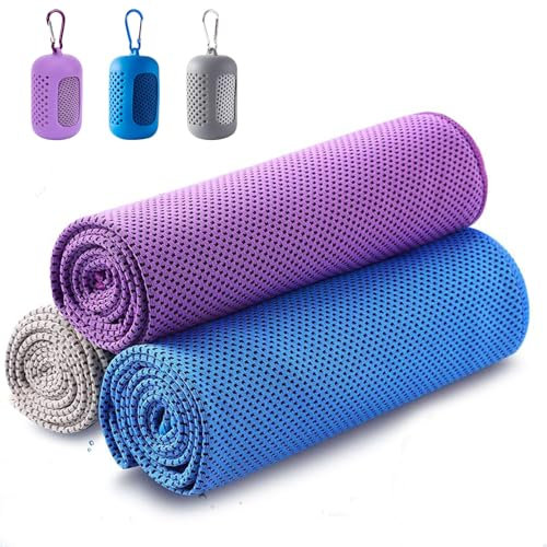 Fhioevt 3 Pack Toallas Gimnasio Deportiva Toalla de Hielo Toallas de Enfriamiento Instantáneo Microfibra Fría Toalla de Refrigeración para Yoga,Viajes,Golf,Correr,Entrenamiento (Morado/Gris/Azul)