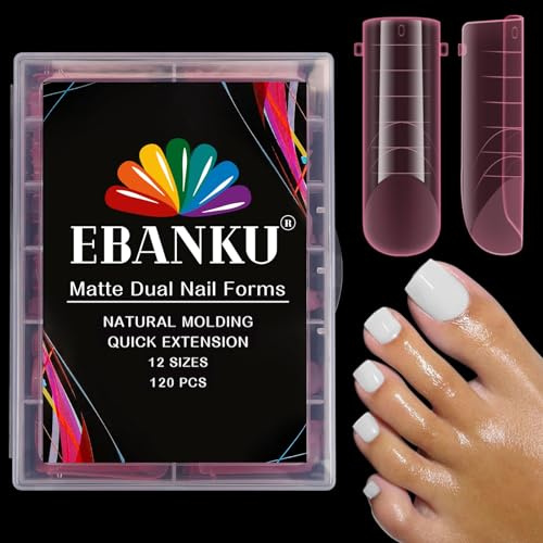EBANKU 120 st polygel tips nagelformer för tår, rosa långa fyrkantiga dubbla spetsar naglar för pedikyr nagelförlängning, poly gel tånaglar set, återanvändbara tår nagelspetsform, 12 storlekar
