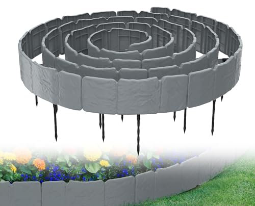 XMTECH Rasenkante in Steinoptik, 5 m Beetumrandung Mähkante Randsteine aus Kunststoff, Beeteinfassung Gartenzaun mit 20 Erdanker, 1 Element (L x H): 25x 20cm - 20 Stück, Grau