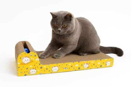 Cat Scratching Board with Ball Toy for Indoor Cats & Kittens – Large Cardboard Scratchers Pad with Bed & Mat Surface – Furniture, Sofa & Carpets Protector Scratcher Pads for Adult Cats – 44 x 24 x 9cm