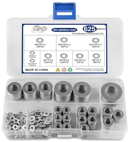 625 PCS Flat Washers Assortment Kit, 304 Stainless Steel Washers for Screws, 9 Sizes Assorted Washers for Repair or DIY - M2/M2.5/M3/M4/M5/M6/M8/M10/M12