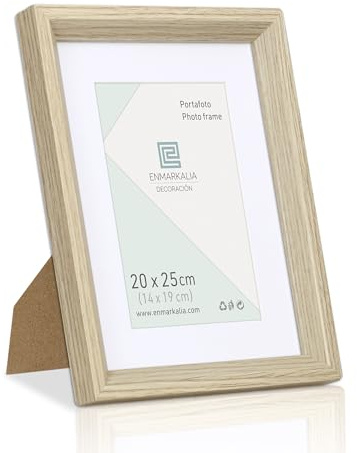 Marco de foto 20x25 cm SIN paspartu y 15x20 cm CON paspartu, color madera, paspartu, cristal y soporte pie, colgador horizontal y vertical para colgar en pared (Madera X1 Ud., 20 x 25 cm)