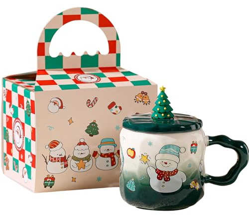PORUPAEL Christmas Ceramics Mug with Lid and Spoon 12 Oz/380ml Cute Christmas Coffee Cups with Gift Box Xmas Hot Chocolate Mug for Women Men Kids Xmas Gift (Green)