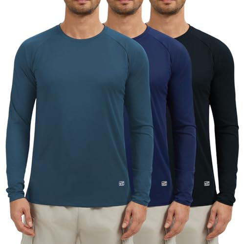 AMZSPORT Confezione da 3 Maglia Uomo a Maniche Lunghe Protezione UV UPF 50+ Maglietta Sportiva Traspirante e ad Asciugatura Rapida per Corsa, Outdoor, Fitness Nero Blu Navy Blu M