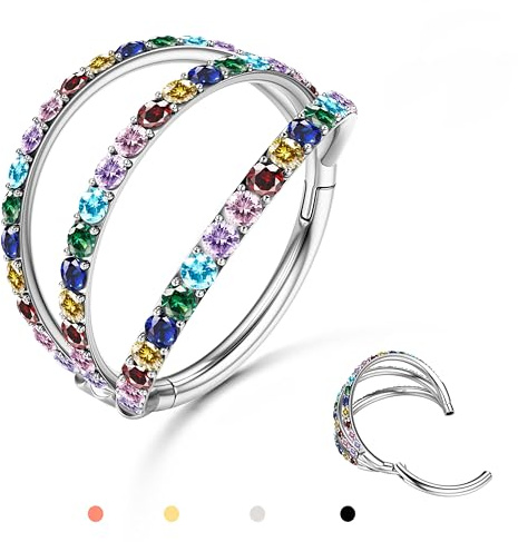 BodyBonita Triple Piercing Nariz Aro - Plata 316L Acero Inoxidable Septum Clic 16G Arcoíris CZ Piercing Oreja Caracola Joyería Hélice Torre Trago Labio Anillo Cartílago Pendientes 10 mm