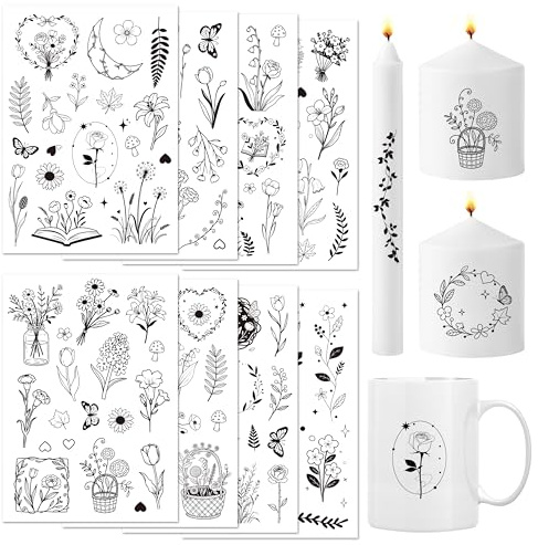 BIROYAL 8 PCS Kerzentattoo Wassertransferdruck (150+ Muster, 24x17cm), Wasserschiebefolie kerzen | Kerzenaufkleber | Kerzen dekorieren | Gedenklicht | Geburtstagskerze