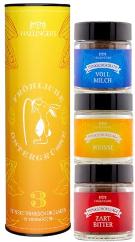 Hallingers Genuss Manufaktur Feinkost Oster-Geschenk-Set - 3 Minigläser in edler Geschenkdose Fröhliche Oster... Mitbringsel Trinkschoki drei Edelkakaos, Ostern Körbchen für Frauen Männer