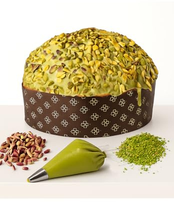 DOMINIQUE - Panettone Artigianale Pistacchio di Sicilia, Lievitazione Naturale, con sac à poche Crema al Pistacchio da spalmare e Glassato con Cioccolato a latte e Croccante Granella di Pistacchi. 1Kg