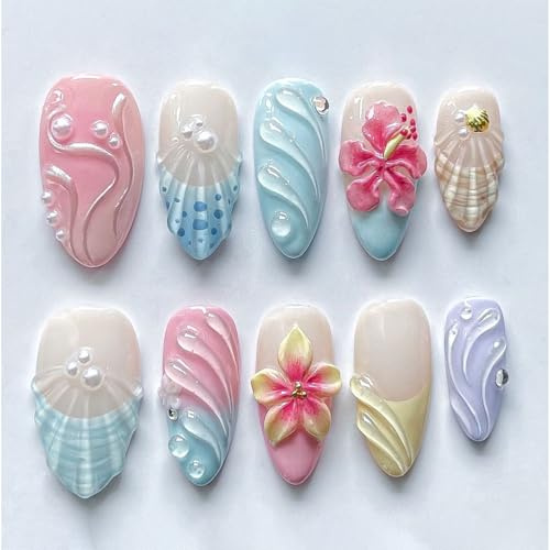 24 Stück French Künstliche Nägel Mandel Press on Nail - Kunstnägel zum aufkleben 3D Wasserwellen Farben Blume Design mit Perlen, Glossy Full Cover fingernägel - Geeignet DIY Nageldesign für Frauen