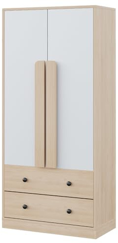 Gxffipw Kleiderschrank 70cm Breit Garderobenschrank mit Doppeltür-Design, Highboard Mehrzweckschrank mit Ablagefach und Schubladen, Hochschrank mit Kleiderstange, Weiß+Holzfarbe, Schlafzimmer Möbel