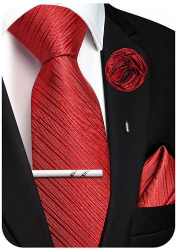 Ailisus Krawatte Herren Set Streifen Seiden Krawatte mit Einstecktuch Ansteckblume Krawattenklammer für Hochzeit Party 4PCS