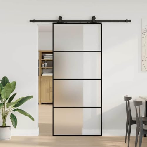 Porta scorrevole con guarnizione nera 90 x 205 cm, sistema di porte scorrevoli in vetro temperato per soggiorno e bagno