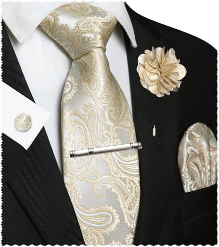 JEMYGINS Paisley Stickerei Design Krawatte Set Herren Einstecktuch Krawattenklammer Manschettenknöpfe Ansteckblume für Hochzeit Party Business Mehrfarbig Hellchampagner