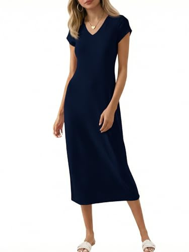 Wenrine Vestido Midi de manga corta para mujer, cuello en V, vestido largo, color liso, camiseta de verano