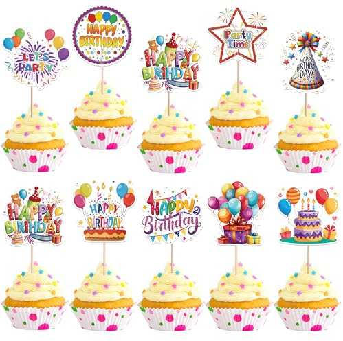36 Stück Happy Birthday Cupcake Toppers Beidseitiger Druck Geburtstag Tortendeko Let's Party Ballon Muster Kuchen Deko für Geburtstag Jahrestag Party Kuchen Dekorationen Buntes
