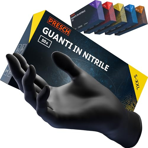 PRESCH Gants Jetables Noir 50 pc (XL - 10) - Gants en nitrile avec bouts de doigts texturés - Sans latex et poudre - Résistant aux déchirures grâce à son bord roulé renforcé