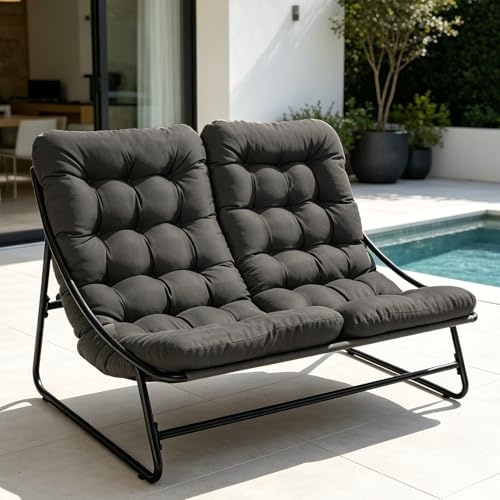 SANEIOUI Gartenliege 2 Personen Metall, Doppelliege Outdoor 2 Personen mit Dicker Abnehmbares Gepolsterter, Belastbarkeit bis 225kg, Relaxliege für Garten, Wohnzimmer, Terrasse (Schwarz)
