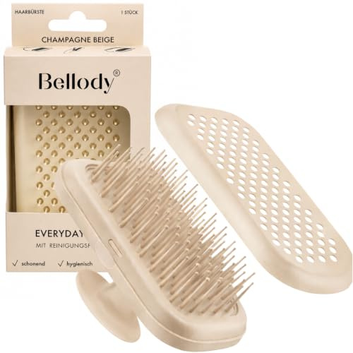 Bellody® Everyday Brush – patenterad rengöringsfunktion – rengöring på några sekunder, hygienisk kamning och massage för hårbotten – fickformat (kompakt borste i matt färg) (champagne beige)