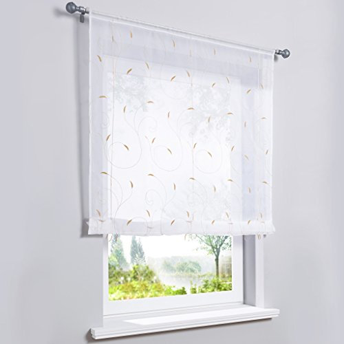 HongYa Transparenter Voile Bändchenrollo Tunnelzug Raffrollo Raffgardine mit Ranken-Stickerei H/B 120/100 cm Sand