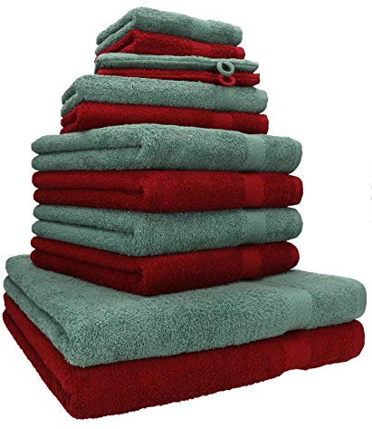 Betz Premium Handtuch-Set 12-teilig – 100% Baumwolle – Oeko-TEX® Zertifiziert – hohe Grammatur – Duschtücher, Handtücher, Gästetücher & Waschhandschuhe Farbe rubinrot/tannengrün