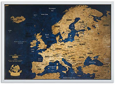 Europakarte Pinnwand mit Stecknadeln - Bonus 100 Pins, Abenteuer Karte mit Rahmen, Personalisierte Karten mit Originalfarben, Hergestellt in der EU, 43x3x53 cm, Die Karte ist gebrauchsfertig