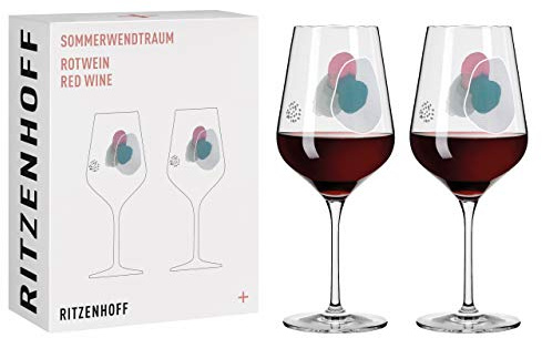 Ritzenhoff 3601001 Rotweinglas 500 ml – Serie Sommerwendtraum Set Nr. 1 – 2 Stück mit Aquarellkreisen – Made in Germany, Blau, Grau, Rot | Artikelnr. 3601001, Serie Sommerwendtraum Set, 2 Rotweingläser 500 ml, Kristallglas, spülmaschinenfest