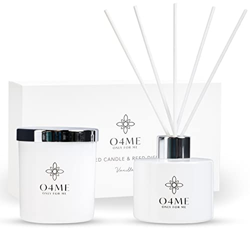 O4ME Premium Vanille Duftset - Langanhaltender Raumduft mit Schilf Duftstäbchen, 100ml, 8 Wochen Dufterlebnis - Inklusive Hochwertiger Duftkerze - Ideal für Entspannung & Wohlbefinden, Geschenkset