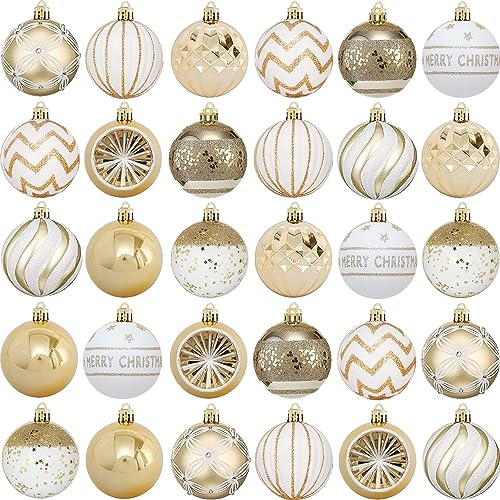 Set di 30 Palline di Natale - Accessori Decorativi per L'Albero - Addobbi in Oro e Bianco - Diverse Forme ed Un Puntale