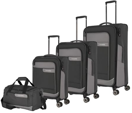 Travelite 4-Rad Koffer Set Weichschale aus recyceltem Material, Größen L/M/S + Reisetasche, Gepäck Serie VIIA: Trolley Set mit Handgepäck im IATA Bordgepäck Maß