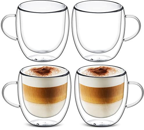 Tasses à café à double paroi, cappuccino, tasses en verre avec anse, tasses à expresso, verres latte macchiato, résistance à la chaleur et au froid, pour cappuccino, latte, lait, bière (4x250 ml)