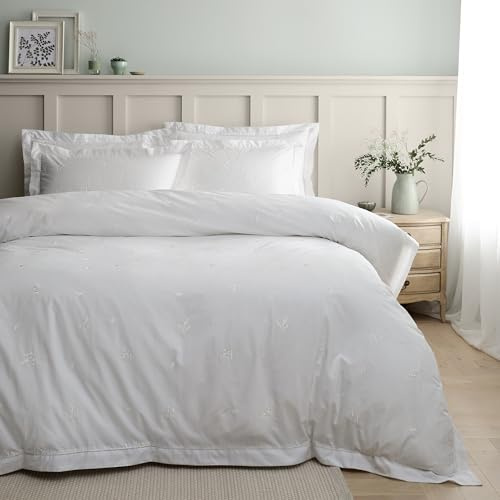 Bianca Lottie Floral Embroidery 180 Thread Count Cotton Single Duvet Cover Set with Pillowcase White