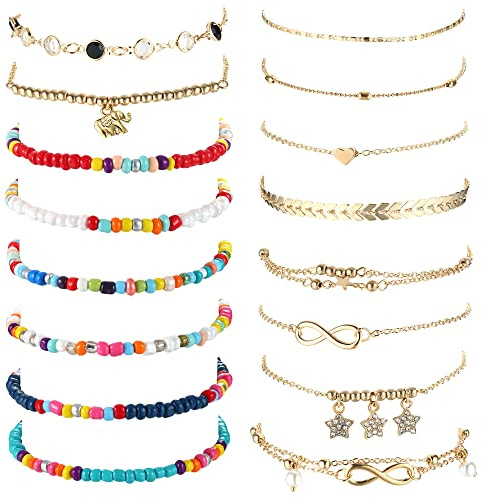 Dochais 7–24 stycken glänsande silver fotkedjor med strass vattentät boho justerbar sommar fotkedjor damer fotkedja vintage pärlor fotlänkar 21 cm, 22 centimeters, Metall
