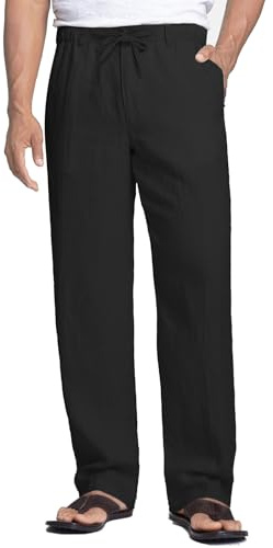 COOFANDY Pantaloni Lino Uomo Estivi Casual Leggeri Spiaggia Pantaloni Elastico Vita Coulisse Larghi con Tasche Nero-b S