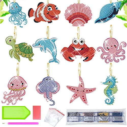 ZDQC 12 Stück Diamond Painting Schlüsselanhänger,5D DIY Diamant Malerei Schlüsselanhänger,Strass Schlüsselanhänger,Diamond Painting Kinder Mädchen 5D Schlüsselanhänger (Marine)